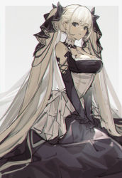 Rule 34 | 1girl, absurdres, azur lane, bare shoulders, black dress, black ribbon, border, breasts, chromatic aberration, cleavage, dress, earrings, formidable (azur lane), grey background, grey border, grey eyes, hair ribbon, highres, jewelry, large breasts, long hair, long sleeves, looking at viewer, outside border, parted lips, ribbon, sidelocks, silver hair, simple background, sitting, solo, twintails, v arms, very long hair, wenquangua