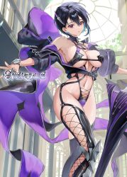 Rule 34 | 1girl, artist request, bare shoulders, black hair, blue hair, breasts, cleavage, commentary request, company name, dome, evertale, hair ornament, highres, hood, indoors, jacket, knee pads, large breasts, leotard, logo, looking at viewer, multicolored hair, navel, official art, parted lips, percival (evertale), red eyes, revealing clothes, shiny skin, short hair, solo, stomach, thighs, zipper, zipper pull tab