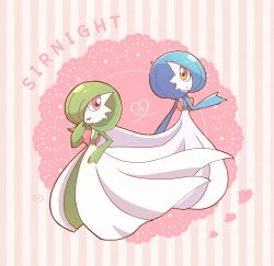 Rule 34 | 2girls, alternate color, artist name, blue hair, blue skin, bob cut, character name, colored skin, creatures (company), dated, eye contact, female focus, flat chest, from behind, full body, game freak, gardevoir, gardevoir day, gen 3 pokemon, green hair, green skin, hair over one eye, hand to own mouth, hand up, happy, heart, highres, kibikona, looking at another, looking back, multicolored skin, multiple girls, nintendo, one eye covered, open mouth, orange eyes, pink background, pokemon, pokemon (creature), red eyes, shiny and normal, shiny pokemon, short hair, signature, smile, standing, striped, striped background, two-tone skin, white skin