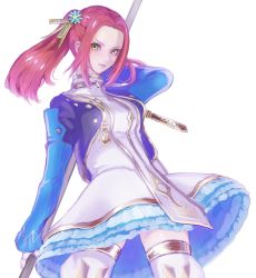 Rule 34 | 1girl, boots, breasts, dress, eleanor hume, fingerless gloves, frills, gloves, green eyes, hair ornament, jacket, lips, long hair, red hair, spear, tales of (series), tales of berseria, thigh boots, thighhighs, twintails, weapon