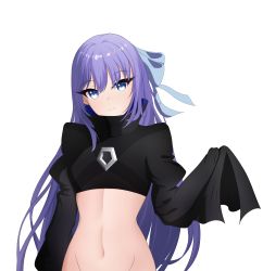 Rule 34 | 1girl, absurdres, black shirt, blue bow, blue eyes, bow, chinese commentary, commentary request, crop top, fate/grand order, fate (series), gaizhuang no tianlangxing-shiriasu, groin, hair bow, head tilt, high collar, highres, long hair, long sleeves, looking at viewer, meltryllis (fate), midriff, navel, purple hair, shirt, simple background, sleeves past fingers, sleeves past wrists, smile, solo, stomach, upper body, very long hair, white background, wide sleeves