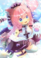 Rule 34 | 1girl, :d, ahoge, animal ear fluff, animal ears, animal hands, barcode, barcode tattoo, bare shoulders, bat wings, black bow, black jacket, black shorts, black wings, blouse, blue eyes, blush, bow, braid, breasts, cat ears, cat girl, cat tail, chain, collar, commentary request, commission, copyright request, fang, hair between eyes, hair bow, hand up, hat, heart, heart ahoge, jacket, kou hiyoyo, long hair, looking at viewer, off shoulder, open mouth, pink hair, pink hat, shirt, short shorts, shorts, skeb commission, sleeveless, sleeveless shirt, small breasts, smile, snuffy (vtuber), snuffy (vtuber) (old design), solo, spiked collar, spikes, tail, tail raised, tattoo, thigh strap, thighhighs, torn wings, twin braids, very long hair, virtual youtuber, white shirt, white thighhighs, wings