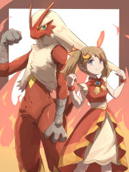 Rule 34 | 1girl, blaziken, brown hair, clenched hands, creatures (company), dress, fire, game freak, gen 3 pokemon, grey eyes, hair ornament, highres, itsudzumi, looking at another, may (pokemon), may (sygna suit) (pokemon), midriff, nintendo, official alternate costume, pokemon, pokemon (creature), pokemon masters ex, red dress, red wristband, sleeveless, sleeveless dress, smile, twintails, wristband