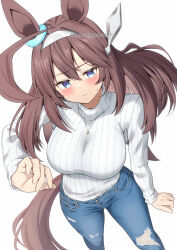 Rule 34 | 1girl, absurdres, ahoge, alternate costume, animal ears, blue pants, breasts, brown hair, denim, hairband, highres, horse ears, horse girl, horse tail, jeans, jewelry, large breasts, long hair, long sleeves, looking at viewer, mihono bourbon (umamusume), necklace, pants, solo, standing, sweater, tail, turtleneck, turtleneck sweater, twitter username, umamusume, white hairband, white sweater, yamano rokamizu