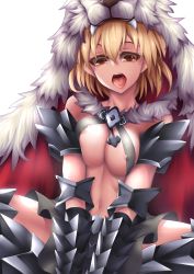 Rule 34 | 10s, 1girl, alternate costume, animal ears, areola slip, armor, armored boots, bare shoulders, berserker (granblue fantasy), black gloves, blonde hair, boots, breasts, brown eyes, djeeta (granblue fantasy), fang, fangs, fi-san, gauntlets, gloves, granblue fantasy, hair between eyes, highres, indian style, medium breasts, navel, open mouth, pelt, short hair, simple background, sitting, skirt, solo, thigh boots, thighhighs, tongue, tongue out, transparent background, v arms, white background, wolf