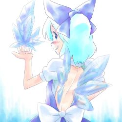 Rule 34 | 1girl, cirno, dress, element bender, embodiment of scarlet devil, female focus, gradient background, ice, monolith, solo, touhou, white background, wings