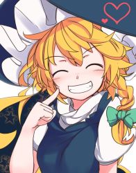 Rule 34 | 1girl, ^ ^, blush, braid, breasts, closed eyes, closed eyes, facing viewer, furorina, grin, hat, heart, kirisame marisa, messy hair, one-hour drawing challenge, pointing, pointing at self, short hair with long locks, single braid, small breasts, smile, solo, star (symbol), touhou, witch hat