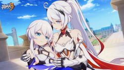 Rule 34 | 2girls, ahoge, armor, bare shoulders, blue eyes, breasts, cleavage, day, earrings, eyebrows hidden by hair, high ponytail, highres, honkai (series), honkai impact 3rd, jewelry, kiana kaslana, kiana kaslana (herrscher of flamescion), logo, looking at another, multiple girls, official art, official wallpaper, open mouth, sky, small breasts, theresa apocalypse, theresa apocalypse (violet executer), upper body, white armor, white hair