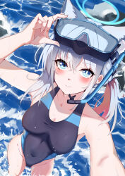 Rule 34 | 1girl, absurdres, animal ear fluff, animal ears, black one-piece swimsuit, blue archive, blue eyes, breasts, competition swimsuit, covered navel, cross hair ornament, diving mask, extra ears, feet out of frame, foreshortening, from above, goggles, grey hair, hair ornament, halo, highres, looking at viewer, low ponytail, medium breasts, medium hair, mismatched pupils, multicolored clothes, multicolored swimsuit, official alternate costume, one-piece swimsuit, shiroko (blue archive), shiroko (swimsuit) (blue archive), smile, snorkel, solo, swimsuit, water, wolf ears, xiao an