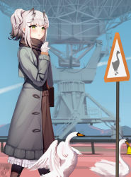 Rule 34 | 1girl, absurdres, alternate costume, arknights, bad id, bad pixiv id, bibeak (arknights), bird, black dress, blush, casual, coat, commentary, dress, feather hair, feet out of frame, gloves, goose, green eyes, grey coat, hand up, highres, jean.organ, long sleeves, open clothes, open coat, petticoat, short hair, sidelocks, sign, silver hair, solo, standing, white gloves