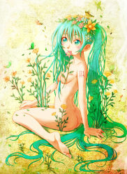 Rule 34 | 1girl, arm support, ass, barefoot, blush, bug, butt crack, butterfly, censored, convenient censoring, feet, flower, green eyes, green hair, hair flower, hair ornament, hatsune miku, head wreath, insect, long hair, matching hair/eyes, nature, nude, pavelnedved11, sitting, solo, tattoo, twintails, very long hair, vocaloid, wariza