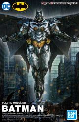 Rule 34 | armor, artist request, bandai, bat (animal), batman, batman (series), box art, character name, city, clenched hands, copyright name, dc comics, floating, highres, logo, looking at viewer, male focus, mechanical wings, official art, power armor, superhero costume, white eyes, wings