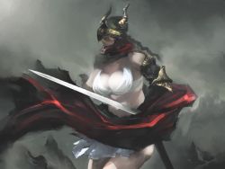 Rule 34 | 1girl, blonde hair, breasts, cleavage, dragon&#039;s dogma, dragon&#039;s dogma (series), fake horns, gauntlets, helmet, homex, horned helmet, horns, large breasts, midriff, pale skin, pawn (dragon&#039;s dogma), red scarf, scarf, skirt, solo, sword, weapon