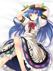 Rule 34 | 1girl, :o, adjusting clothes, adjusting headwear, arm behind head, barefoot, black hat, blouse, blue hair, bow, bowtie, dress, food, fruit, hat, hinanawi tenshi, long hair, looking at viewer, lying, on back, on bed, peach, puffy short sleeves, puffy sleeves, rainbow gradient, rainbow order, red bow, red eyes, shirt, short sleeves, solo, touhou, tousen, white dress, white shirt