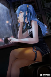 Rule 34 | 1girl, blinders, blue eyes, blue hair, brown pantyhose, crossed legs, cup, drawing (object), earrings, elbow rest, feet out of frame, from side, hair ornament, hand on own cheek, hand on own chin, hand on own face, head rest, hololive, hoshimachi suisei, hoshimachi suisei (casual), indoors, jewelry, long hair, looking to the side, mujinbensin, o-ring, o-ring thigh strap, orange pantyhose, pantyhose, rain, sitting, sleeveless, solo, star (symbol), star hair ornament, thigh strap, virtual youtuber, window