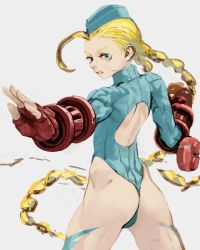 Rule 34 | 1990s (style), 1girl, ahoge, ass, back cutout, blonde hair, blue eyes, blue leotard, braid, cammy white, clothing cutout, cobaso, elbow gloves, fighting stance, fingerless gloves, flat ass, from behind, garrison cap, gloves, hat, huge ahoge, leotard, long hair, nose, retro artstyle, scar, shoulder pads, simple background, solo, street fighter, street fighter zero (series), thong leotard, twin braids