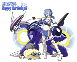 Rule 34 | 1girl, animal, black gloves, blue hair, blue skirt, boots, breasts, cleavage, creatures (company), crop top, crossover, dated, full body, game freak, gen 2 pokemon, gift art, gloves, gotland (kancolle), headphones, headset, high heel boots, high heels, holding, holding poke ball, kantai collection, large breasts, long hair, looking at viewer, mareep, midriff, miraidon, mole, mole under eye, nintendo, official alternate costume, one eye closed, parody, poke ball, pokemon, pokemon (creature), race queen, second-party source, sheep, short sleeves, simple background, skirt, style parody, suke (share koube), thigh boots, thigh strap, white background, white footwear