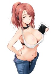 Rule 34 | 1girl, bikini, bikini top only, blush, bodysuit, breasts, choker, cleavage, clenched hand, covered erect nipples, fortune (last origin), gukukimu, headset, highres, large breasts, last origin, looking at viewer, medium hair, navel, open clothes, parted bangs, ponytail, red eyes, red hair, short hair, simple background, solo, swimsuit, white background, white bikini, zipper