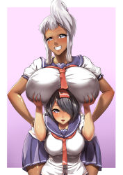 Rule 34 | 2girls, akaza chacha, armpits, arms up, black hair, blouse, breast hold, breast rest, breasts, breasts on head, choker, dark-skinned female, dark skin, gradient background, grey eyes, grin, hair ornament, hair over one eye, hands on own hips, highres, huge breasts, large breasts, looking at viewer, maken-ki!, miniskirt, multiple girls, open mouth, packge, purple eyes, satou kimi, shirt, silver hair, skirt, smile, thick thighs, thighhighs, thighs, white shirt
