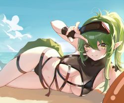 Rule 34 | 1girl, antenna hair, arknights, bare shoulders, bikini, black bikini, black gloves, blue sky, breasts, bsmycc, chinese commentary, cloud, commentary request, crocodilian tail, day, fingerless gloves, gavial (arknights), gloves, green hair, hair between eyes, highres, large breasts, long hair, looking at viewer, lying, navel, official alternate costume, on side, outdoors, pointy ears, sky, smile, solo, stomach, swimsuit, tail, thigh strap, thighs, underboob, yellow eyes