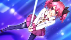 Rule 34 | 1girl, :o, angry, anklet, black pantyhose, circle skirt, drill hair, energy sword, fighting stance, game cg, hair ribbon, highres, hyper highspeed genius, jewelry, lightsaber, open mouth, pantyhose, patricia lancaster, pink hair, purple eyes, ribbon, school uniform, short hair, skirt, solo, sword, twin drills, twintails, weapon, yukiwo