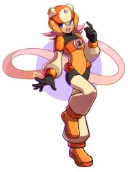 Rule 34 | 1girl, adapted costume, black gloves, blue eyes, blush, bodysuit, capcom, commentary, female focus, full body, gloves, headgear, helmet, leg up, looking to the side, mega man (series), mega man battle network, mega man x: command mission, mega man x (series), nana (mega man x: command mission), open mouth, orange footwear, pink hair, shoes, simple background, skycompass, smile, solo, standing, standing on one leg