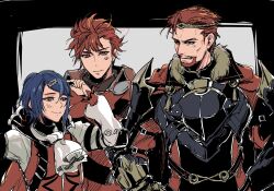 Rule 34 | 3boys, alcryst (fire emblem), armor, ascot, beard, black armor, blue hair, brothers, dark blue hair, diamant (fire emblem), facial hair, family, father and son, fire emblem, fire emblem engage, full beard, highres, male focus, morion (fire emblem), multiple boys, nintendo, red eyes, red hair, siblings, umi ( oneinchswing), white ascot