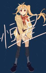 Rule 34 | 1girl, ahoge, blonde hair, blue background, bocchi the rock!, bow, bowtie, brown pants, expressionless, floating hair, full body, grid, highres, holding own wrist, hood, hood down, hooded jacket, ijichi nijika, jacket, kerorira, long hair, long sleeves, looking at viewer, open clothes, open jacket, pants, pants rolled up, patterned clothing, polka dot bowtie, red bow, red bowtie, red eyes, red shirt, shade, shirt, shoes, side ponytail, simple background, sneakers, socks, solo, standing, translation request, white socks, wind, yellow jacket