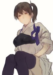 Rule 34 | 10s, 1girl, bad id, bad twitter id, between legs, black thighhighs, brown eyes, brown hair, commentary, fukazaki (g425hw45), hair between eyes, hair tie, hand between legs, japanese clothes, kaga (kancolle), kantai collection, kimono, long hair, muneate, side ponytail, simple background, solo, tasuki, thighhighs, white background