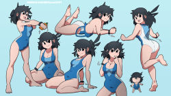 Rule 34 | 1girl, ass, black hair, blue background, blue one-piece swimsuit, breasts, clothes pull, highres, lotion, lucia (scott malin), multiple views, nail polish, narrow waist, one-piece swimsuit, one-piece swimsuit pull, scott malin, simple background, sunscreen, swimsuit, tagme, watermark, web address