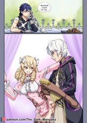 Rule 34 | 1girl, 2boys, arm support, blonde hair, blush, boots, bow, breasts, brown eyes, cheating (relationship), chrom (fire emblem), clothed sex, dot nose, dress, drill hair, drooling, english text, eyebrows, facing viewer, fire emblem, fire emblem awakening, grin, hair bow, hair ornament, hetero, intelligent systems, leg grab, leg lift, leg up, long hair, looking at another, maribelle (fire emblem), medium breasts, multiple boys, netorare, nintendo, no panties, patreon logo, patreon username, penis, pussy, pussy juice, robin (fire emblem), robin (male) (fire emblem), sex, smile, spread legs, standing, standing on one leg, tagme, teeth, testicles, the dark mangaka, thigh boots, thighhighs, uncensored, vaginal, veins, veiny penis, watermark, web address, white bow