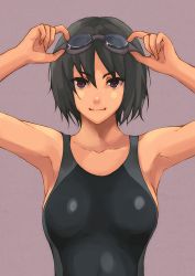 Rule 34 | 1girl, amagami, armpits, arms up, bad id, bad pixiv id, black hair, brown eyes, competition swimsuit, facing viewer, goggles, goggles on head, grey background, nanasaki ai, one-piece swimsuit, short hair, simple background, smile, solo, swimsuit, tomoshiki, upper body