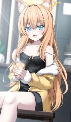 Rule 34 | 1girl, animal ear fluff, animal ears, black camisole, blue archive, blue eyes, blush, breasts, camisole, cat ears, collarbone, cup, fingernails, hair between eyes, hair ornament, hairclip, halo, highres, holding, holding cup, jacket, kamesys, long hair, long sleeves, looking at viewer, mari (blue archive), open clothes, open jacket, open mouth, orange hair, small breasts, smile, solo, yellow halo, yellow jacket