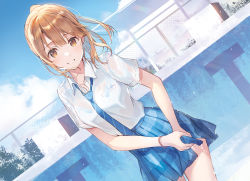 Rule 34 | 1girl, :d, aomi haru, blue necktie, blue skirt, blue sky, blush, bra, bra visible through clothes, bracelet, breasts, brown eyes, brown hair, building, chitose-kun wa ramune bin no naka, cloud, collarbone, collared shirt, cowboy shot, day, diagonal-striped clothes, diagonal-striped necktie, diagonal-striped neckwear, dress shirt, dutch angle, empty pool, highres, jewelry, long hair, looking at viewer, loose necktie, miniskirt, necktie, novel illustration, official art, open mouth, outdoors, plaid, plaid skirt, pleated skirt, ponytail, pool, second-party source, see-through, shirt, shirt tucked in, short sleeves, skirt, sky, small breasts, smile, solo, striped clothes, striped necktie, striped neckwear, textless version, underwear, water, weee (raemz), wet, wet clothes, wet hair, wet shirt, white shirt, wing collar, wringing clothes, wringing skirt
