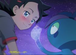 Rule 34 | 1boy, artist name, black hair, blue eyes, blurry, blush, closed mouth, commentary request, creatures (company), crying, drizzile, eye contact, eyelashes, game freak, gen 8 pokemon, goh (pokemon), grey shirt, hair ornament, looking at another, male focus, matsuno opa, night, nintendo, outdoors, pokemon, pokemon (anime), pokemon (creature), pokemon journeys, shirt, short sleeves, sky, smile, star (sky), tears