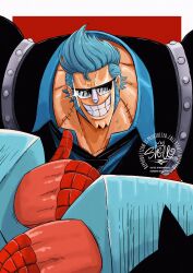 Rule 34 | 1boy, artist name, black jacket, black necktie, blue hair, blue shirt, commentary, cyborg, franky (one piece), highres, jacket, looking at viewer, male focus, necktie, one piece, sherumaru (korcht06), shirt, sideburns, simple background, smile, solo, sunglasses, symbol-only commentary