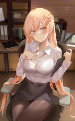 Rule 34 | 1girl, belt, belt buckle, black skirt, blonde hair, blush, braid, breasts, brown pantyhose, buckle, chinese commentary, closed mouth, collared shirt, commentary request, dress shirt, earrings, girls&#039; frontline, heart, heart earrings, highres, holding, id card, indoors, jewelry, long sleeves, looking at viewer, medium breasts, miniskirt, on chair, orange eyes, ots-14 (girls&#039; frontline), pantyhose, pencil skirt, phone, ru zhai, shirt, sitting, skirt, smile, solo, sparkle, tablet pc, white shirt