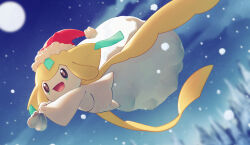 Rule 34 | :d, blurry, blurry background, brown eyes, christmas, commentary, creatures (company), depth of field, english commentary, flying, full body, full moon, game freak, gen 3 pokemon, hat, holding, holding sack, jirachi, legendary pokemon, looking away, moon, mythical pokemon, naoki eguchi, night, night sky, nintendo, no humans, open mouth, outdoors, pokemon, pokemon (creature), sack, santa hat, sky, smile, snow, snowing, solo, star (sky), starry sky