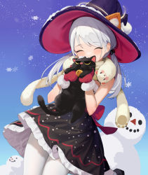 Rule 34 | 1girl, ^ ^, animal, black cat, black dress, black hat, blush, cat, closed eyes, commentary, covered mouth, dress, facing viewer, fur-trimmed dress, fur-trimmed mittens, fur trim, grey hair, hands up, hat, highres, holding, holding animal, long hair, low twintails, mittens, original, pantyhose, red mittens, snow, snowflakes, snowing, snowman, solo, standing, standing on one leg, twintails, white pantyhose, witch hat, yamano (yamanoh)