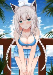Rule 34 | 1girl, ahoge, animal ear fluff, animal ears, bare arms, bare shoulders, bikini, bikini skirt, blue bikini, blue eyes, blue sky, blush, braid, breasts, cleavage, closed mouth, cloud, cloudy sky, collarbone, commentary request, day, fox ears, hair between eyes, hands on own thighs, head tilt, highres, hololive, kurigura (sketch san), leaning forward, long hair, looking at viewer, low twintails, medium breasts, navel, ocean, official alternate costume, outdoors, railing, shirakami fubuki, shirakami fubuki (hololive summer 2019), silver hair, sky, smile, solo, standing, swimsuit, twin braids, twintails, very long hair, virtual youtuber, water