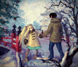 Rule 34 | 1boy, 1girl, aloismorgan, architecture, black hair, blonde hair, blue eyes, bob cut, bridge, cloud, coat, commentary, east asian architecture, english commentary, fence, genshiken, gloves, good end, happy, holding hands, long hair, madarame harunobu, otaku, otaple, pants, realistic, shoes, size difference, skirt, sneakers, snow, snowing, spoilers, susanna hopkins, tree