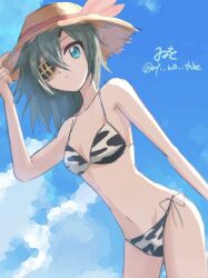 Rule 34 | 1girl, animal print, artist name, bikini, blue sky, breasts, cloud, eyepatch, green eyes, green hair, hat, highres, holding, holding clothes, holding hat, kantai collection, kiso (kancolle), looking at viewer, medium breasts, one-hour drawing challenge, short hair, side-tie bikini bottom, sky, solo, swimsuit, tiger print, twitter username, white bikini, wiwo