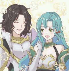 Rule 34 | 1boy, 1girl, :d, ^ ^, aqua hair, armor, bare shoulders, black hair, blush, breasts, chloe (fire emblem), cleavage, closed eyes, commentary request, elbow gloves, fire emblem, fire emblem engage, gloves, green eyes, highres, large breasts, long hair, louis (fire emblem), nintendo, open mouth, short hair, shoulder armor, smile, tea6043, upper body, white gloves
