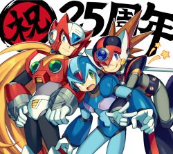 Rule 34 | 3boys, android, anniversary, axl (mega man), blonde hair, blue eyes, blush, brown hair, capcom, commentary request, gloves, green eyes, hand on own hip, helmet, iroyopon, leg up, long hair, male focus, mega man (series), mega man x (series), multiple boys, one eye closed, open mouth, ponytail, smile, spiked hair, text focus, tongue, tongue out, v, very long hair, white background, white gloves, x (mega man), zero (mega man)