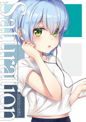 Rule 34 | 1girl, :o, black skirt, blue hair, blush, breasts, cellphone, commentary request, earphones, green eyes, hair between eyes, hair over one eye, highres, hinoka (allen), holding, holding earphones, holding phone, looking at viewer, midriff peek, original, parted lips, phone, pleated skirt, shirt, short sleeves, skirt, small breasts, solo, upper body, white shirt