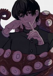 Rule 34 | 1boy, black hair, black pants, black shirt, blue bag, brown footwear, cdtxufre, chainsaw man, commentary, ear piercing, gakuran, highres, index finger raised, looking at viewer, looking to the side, male focus, mole, mole under mouth, multiple piercings, octopus devil (chainsaw man), pants, piercing, school uniform, shirt, short hair, simple background, smile, upper body, white background, yoshida hirofumi