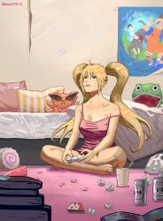 Rule 34 | 1girl, absurdres, bed, bedroom, blonde hair, blue eyes, breasts, candy, character doll, cleavage, controller, crossed legs, crumpled paper, facial mark, food, game controller, genderswap, genderswap (mtf), highres, holding, holding controller, holding game controller, indoors, kamaboko, kurama (naruto), large breasts, lollipop, long hair, magazine (object), naruko (naruto), naruto (series), narutomaki, nissin cup noodle, on floor, pillow, pink shirt, shirt, sitting, solo, spaghetti strap, sssiii7610, stuffed animal, stuffed toy, twintails, uzumaki naruto, whisker markings