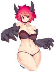 Rule 34 | 1girl, bad id, bad tumblr id, bare shoulders, black panties, breasts, claws, cleavage, curvy, highres, horns, large breasts, light smile, navel, panties, red eyes, red hair, short hair, signature, simple background, slugbox, solo, thick thighs, thighs, toned, underwear, white background, wide hips