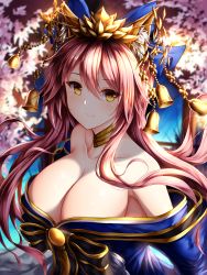 Rule 34 | 1girl, animal ears, bell, branch, breasts, cleavage, collarbone, day, fate/grand order, fate (series), fox ears, highres, japanese clothes, large breasts, looking at viewer, off shoulder, official alternate costume, outdoors, pink hair, solo, tamamo (fate), tamamo no mae (fate/extra), tamamo no mae (third ascension) (fate), wsman, yellow eyes