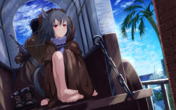 Rule 34 | 1boy, 1girl, animal ears, barefoot, black hair, boots, cloak, feet, feet together, highres, hood, legs, mikisai shu, original, red eyes, shoes, unworn shoes, short hair, sitting, solo focus, sword, tail, toes, wagon, weapon